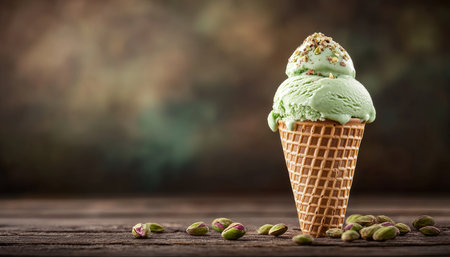 Refreshing Pistachio Ice Cream in a Waffle Cone on Rustic Wooden Background with Scattered Nutsの素材