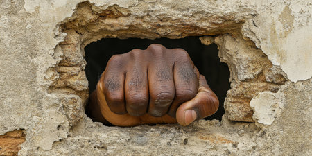 Clenched Fist Through Hole In Wall. Concept Of Strength, Power, Determination, And Freedomの素材
