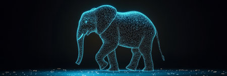 Blue Holographic Elephant Standing in Digital Space, Representing Modern Futuristic Technology.の素材