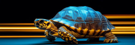 Blue Holographic Tortoise Walking On A Futuristic Platform, Technology And Nature Concept.の素材
