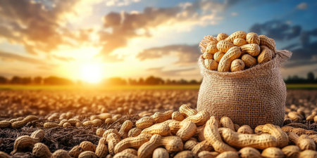 Burlap Sack Overflowing with Fresh Harvest Peanuts in a Field, Bathed in the Golden Glow of Sunsetの素材
