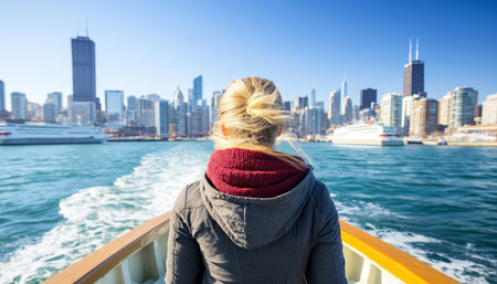Urban Exploration Blonde Woman on Ferry Embracing City Skyline, Adventure, and Freedom Awaitsの素材