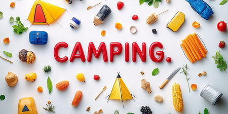 Camping Gear And Fresh Ingredients Flat Lay Arrangement On White Background With CAMPING Textの素材