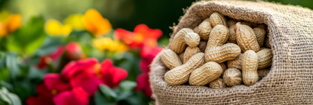 Shelled Peanuts in a Burlap Sack with Blurred Flowers, Perfect for Advertising with Text Spaceの素材