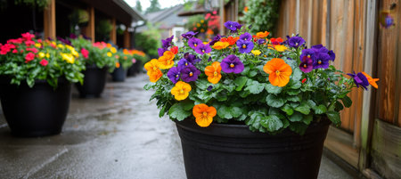 Vibrant Potted Pansy Flowers Line a Path in Backyard, Colorful Display of Summer Annual Blooms.の素材