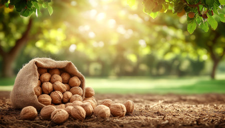 Burlap Sack Overflowing with Freshly Harvested Walnuts in Idyllic Orchard Room for Textの素材