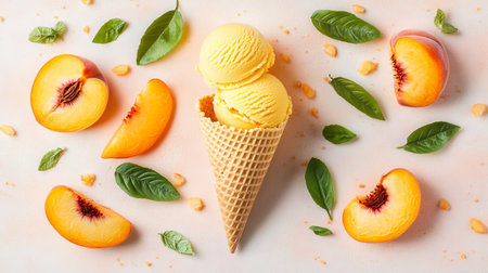 Peach Ice Cream Scoops in Waffle Cone, Peach Slices, and Green Leaves on Peachy Coral Backgroundの素材