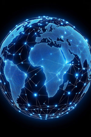 Futuristic Global Network Earth Hologram Depicting Global Internet and Data Connectionsの素材
