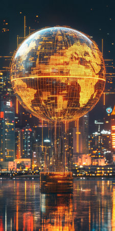Futuristic Cityscape With Digital Globe, Concept Of Global Network, Technology And Dataの素材