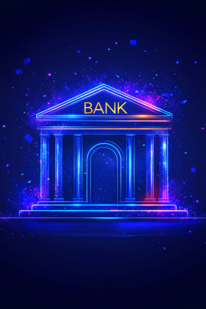 Abstract Blue Neon Glowing Bank Building On Abstract Background, Finance And Technology Design.の素材