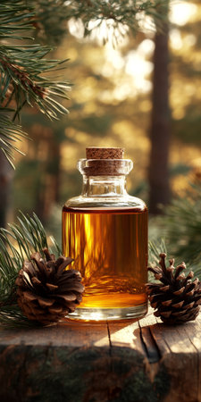 Close up. Glass bottle of Essential pine oil with Pine branch on rustic wooden table spaceの素材