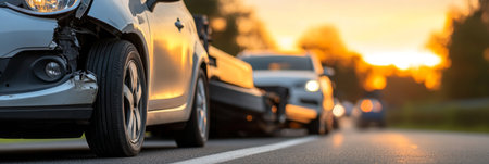 Damaged silver car being tow off the road after a traffic accident at sunset in traffic jamの素材