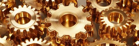 Golden Gears A Close-up Look at Interlocking Cogs, Symbol of Industrial Synergy and Precisionの素材