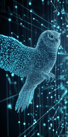 Abstract Holographic Blue Bird Against a Futuristic Technological Background of Data Connectionsの素材