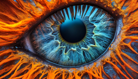 Vibrant Macro Eye Detailed Iris, Colorful Biometrics, Recognition Technology, Sharp Focusの素材