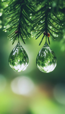 Water Drops On Pine Needles, Spring Nature Green Background, Freshness Raindrops Macroの素材
