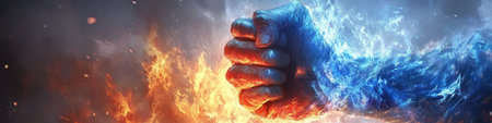 Ice and Fire Fist, Symbolic Image of Struggle with Vibrant Colors and Dynamic Resolution Artの素材