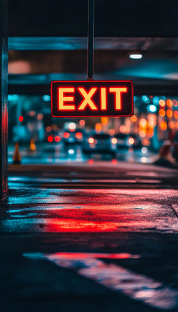 Vibrant EXIT Sign Illuminates Rainy Night, Guiding People to Safety From Parking Structureの素材