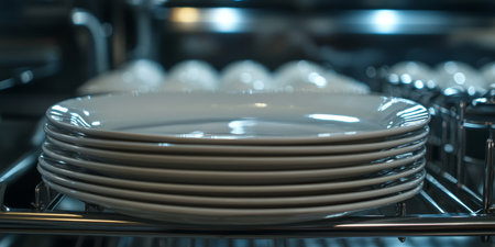 Stack Of Clean White Plates In Opened Fully Automatic Dishwasher Machine In Dark Kitchen Interior.の素材