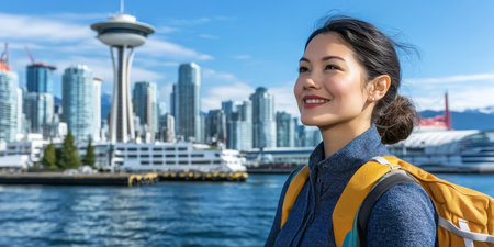 Young Woman Explores Vibrant City With Backpack, Wind In Her Hair. Travel And Adventure Concept.の素材