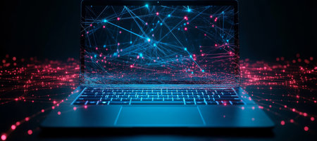 Blue Neon Laptop With Glowing Network Nodes And Particle Effects On Dark Background , Shallow DOFの素材