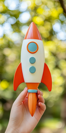 Womans Hand Launching Toy Rocket Against Blurry Background, New Business, Startup Conceptの素材
