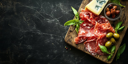 Gourmet Charcuterie Platter Prosciutto, Blue Cheese, and Green Olives on Rustic Woodの素材