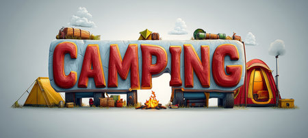 Camping Gear Fun Text Arrangement, Adventure Theme With Vivid Colors, Isolated On Whiteの素材