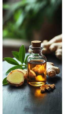 Ginger Essential Oil with Fresh Ginger Root on Wooden Table, Natural Ingredients for Aromatherapyの素材