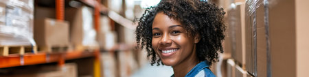 Portrait of a Smiling Young Woman in a Warehouse Setting, Storage and Logistics Conceptの素材