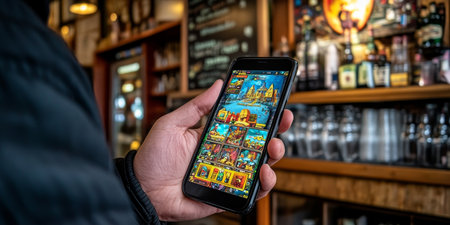 Hand Holding Smartphone Displaying Mobile Game With Vibrant Graphics, Shallow Depth Of Fieldの素材