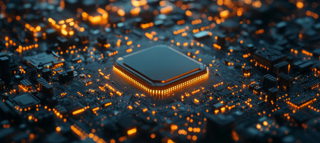 Central Processing Unit on an Illuminated Circuit Board, Depicting Advanced Technologyの素材