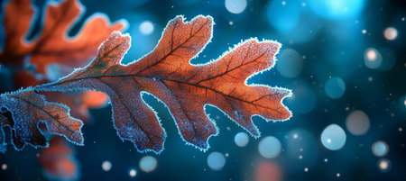 Close Up Of Oak Leaves Covered In Frost With Shallow Depth Of Field, Vibrant Orange, Blue Colors.の素材