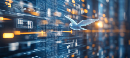 Holographic Owl Flying Through Digital Space Modern Technology, Innovation, And Futurism.の素材
