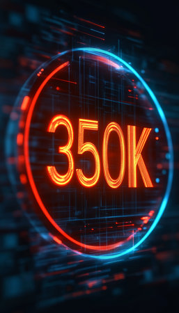 Glowing Digital 3D Number 350K, Subscribers or Followers Count on a Futuristic Technology Backgroundの素材