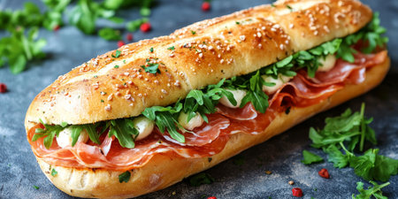 Traditional Italian Sandwich On A Wooden Surface , Focaccia Sandwich with Prosciutto Crudoの素材