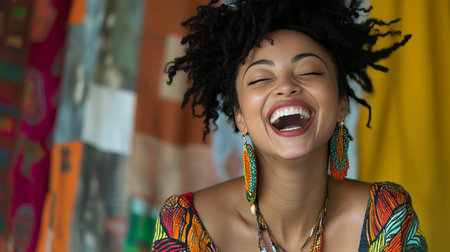 Portrait of a Beautiful Black Woman with a Bright, Cheerful Smile, Exuding Joy and Happinessの素材
