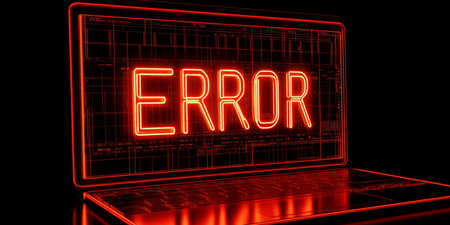 Neon Red Error Message Glowing on Laptop Screen in Dark Room, Cybersecurity Concept.の素材