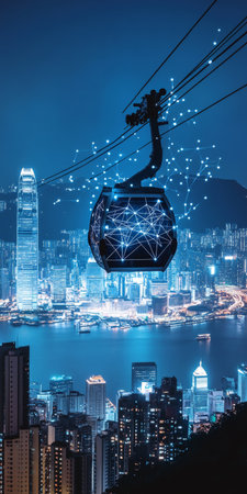 Connected City Futuristic Cable Car With Digital Network Over Illuminated Smart Cityscape at Nightの素材
