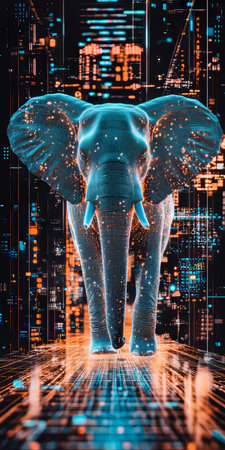 Holographic Elephant Walking through Digital City Futuristic Technology, AI, and Innovationの素材