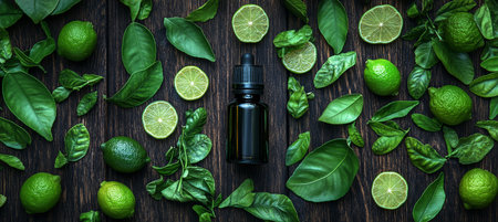 Natural Essential Oil With Fresh Limes And Green Leaves On Rustic Wooden Background, Top Viewの素材