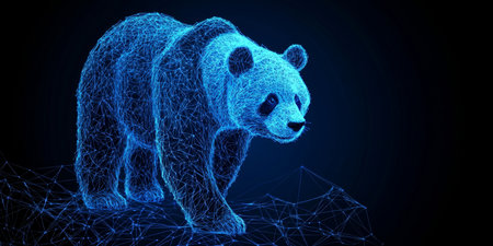 Abstract Holographic Panda with Glowing Blue Lines A Symbol of Technology and Nature.の素材