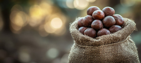 Macadamia Nuts Harvested, Fresh Organic Produce in Burlap Sack, Autumn Colors Backgroundの素材