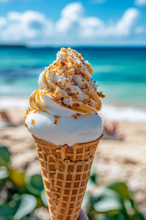 Indulgent Coconut Ice Cream Cone with Golden Sprinkles on Sunny Tropical Beach Blurred Backgroundの素材