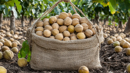 Freshly Harvested Pecans in Burlap Sack, Orchard Background Provides Plenty of Copy Space.の素材
