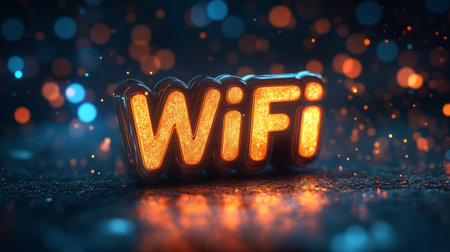 Shiny, Glowing WiFi Sign on a Sparkling Surface, Representing Fast, Reliable Internet Connection.の素材