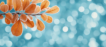 Orange Frozen Leaves on a Branch, Winter Wonderland Scene with Frosty Blue Abstract Backgroundの素材