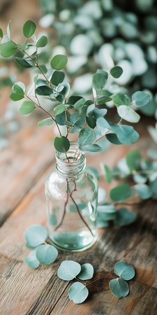 Glass Bottle With Eucalyptus Essential Oil, Eucalyptus Leaves And A Bundle Of Dried Eucalyptusの素材