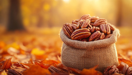 Shelled Pecans In Burlap Sack With Autumn Leaves Around, Harvesting Season Backgroundの素材