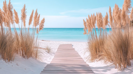 Wooden Pathway to Paradise, Tropical Beach with Calm Waters and Sandy Beach on a Sunny Dayの素材